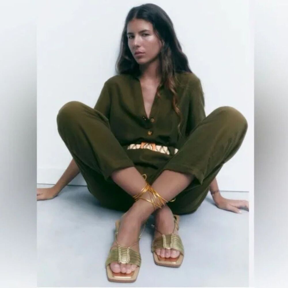 Zara Olive Green Short Sleeve Lyocell Blend Jumpsuit, Large (B3)
